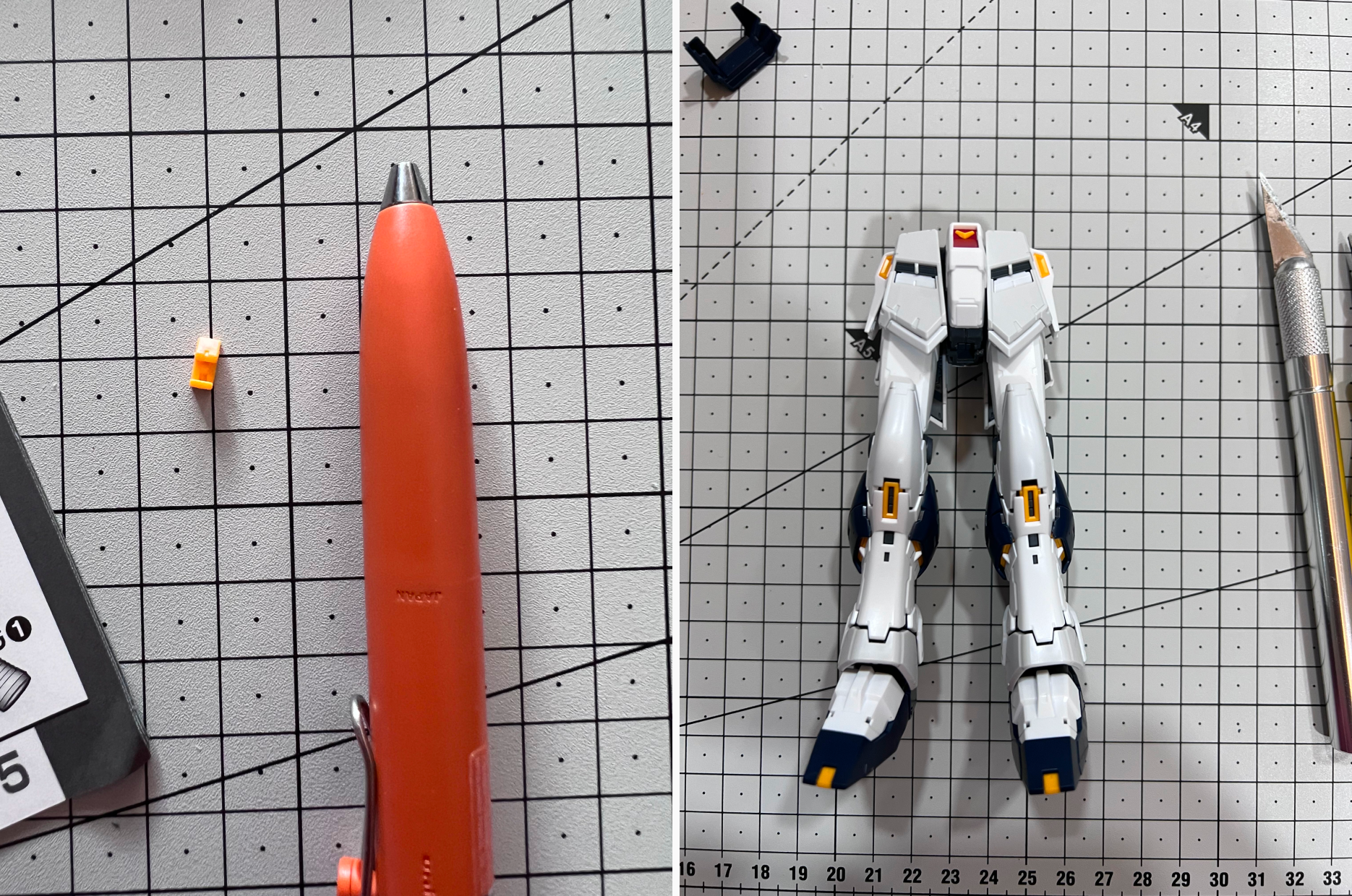 A small orange peice which goes on the foot of the gundam placed next to an Uniball One-P