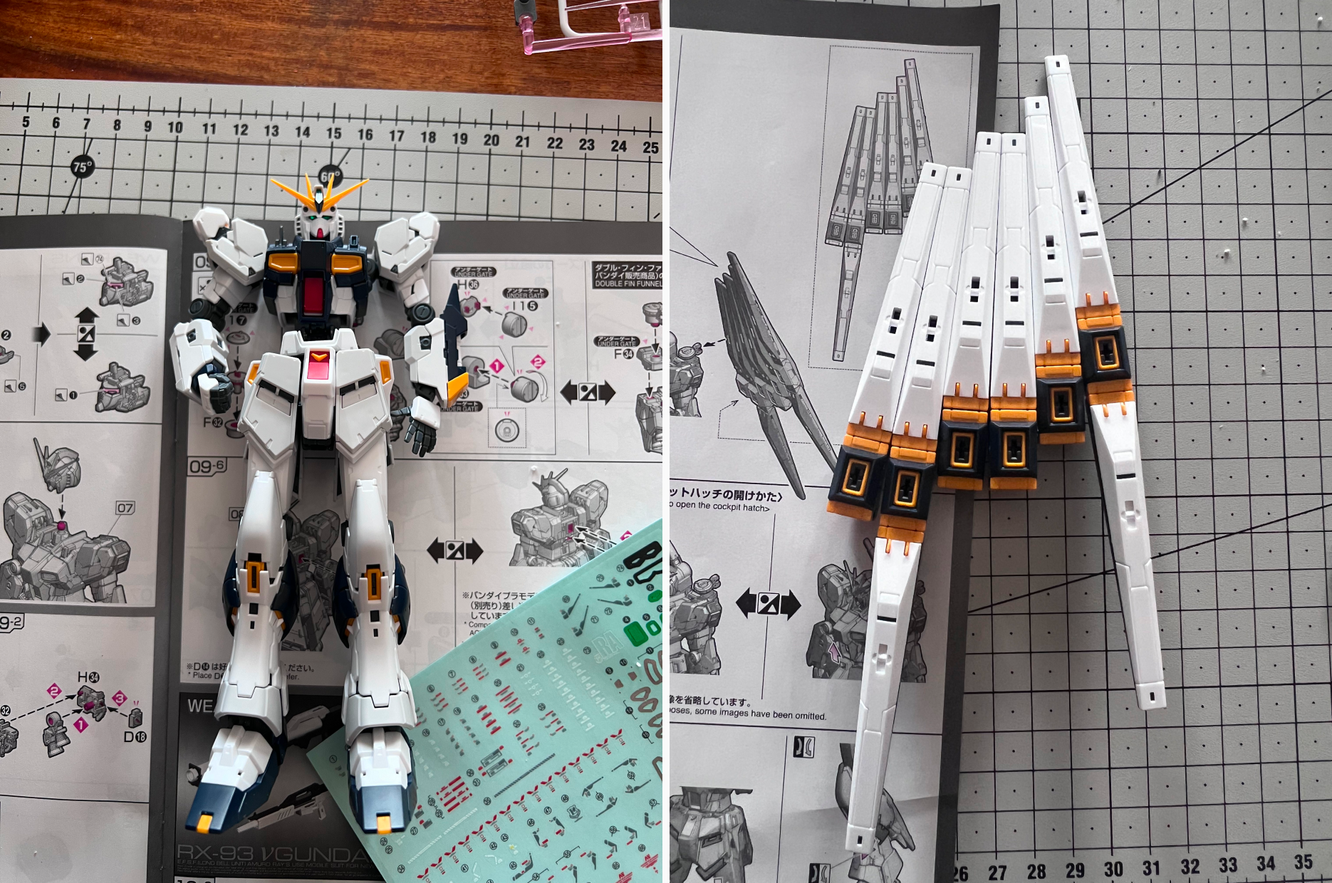 completed gundam and a photo of the fin funnel after completion