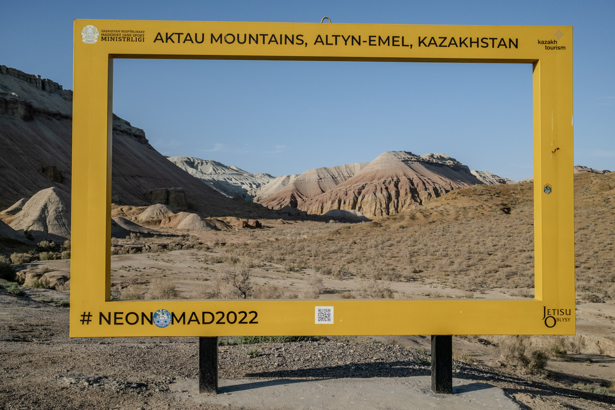 Aktau mountain with yellow frame for the tourist