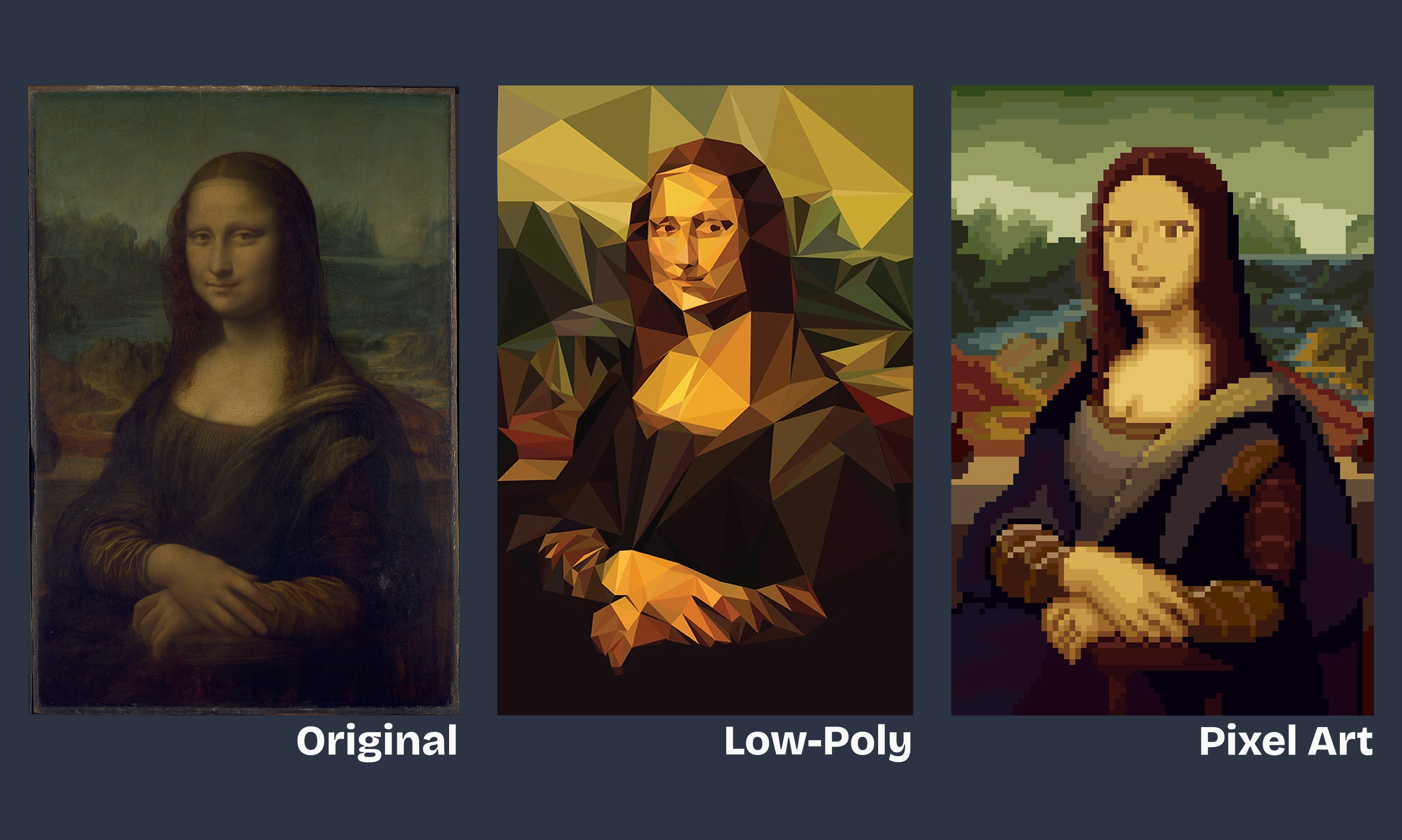 Three versions of Mona Lisa: original painting, low-poly version, and pixel art