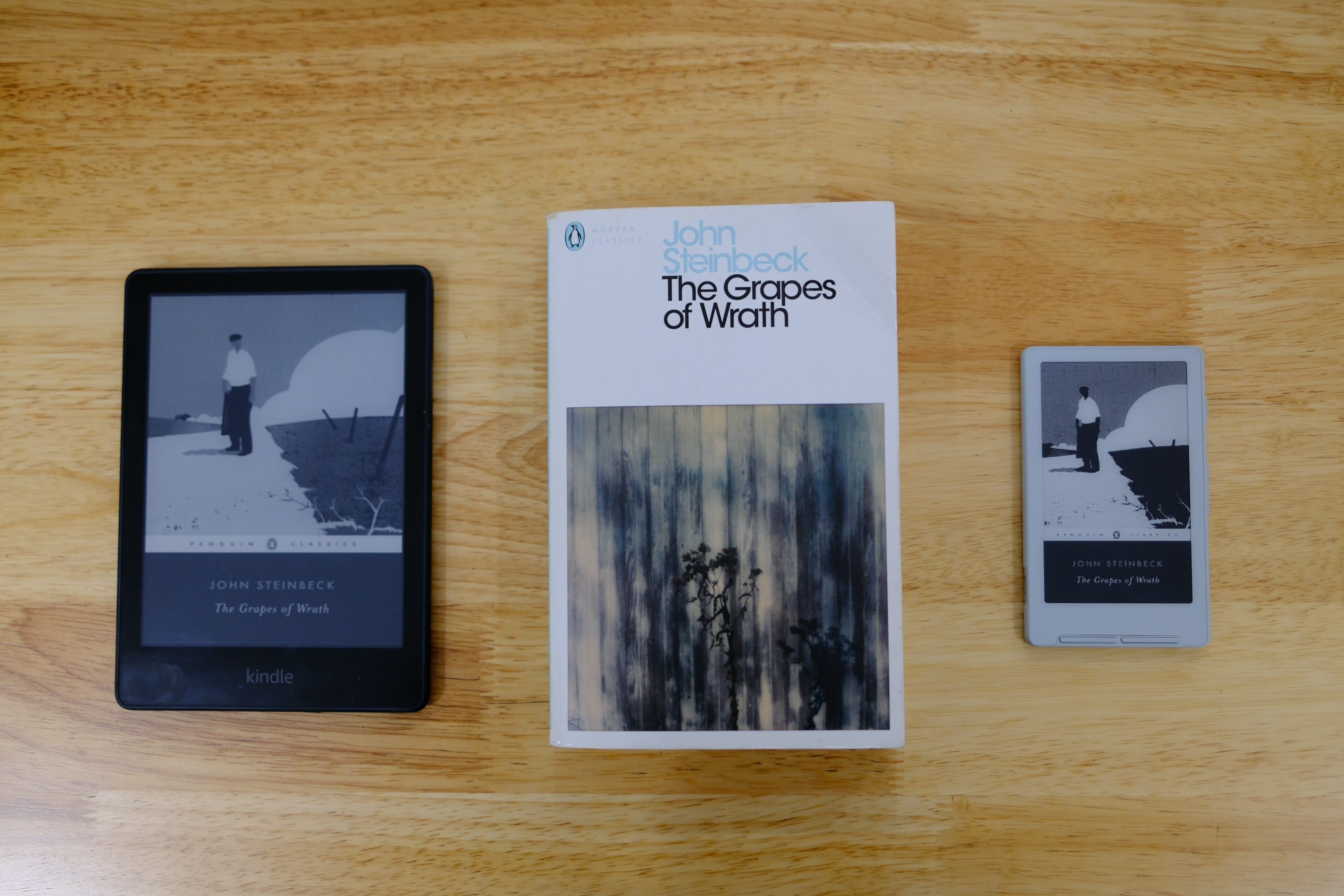 Paperback, Kindle, and Xteink x4 side by side, each showing the cover of the book being read