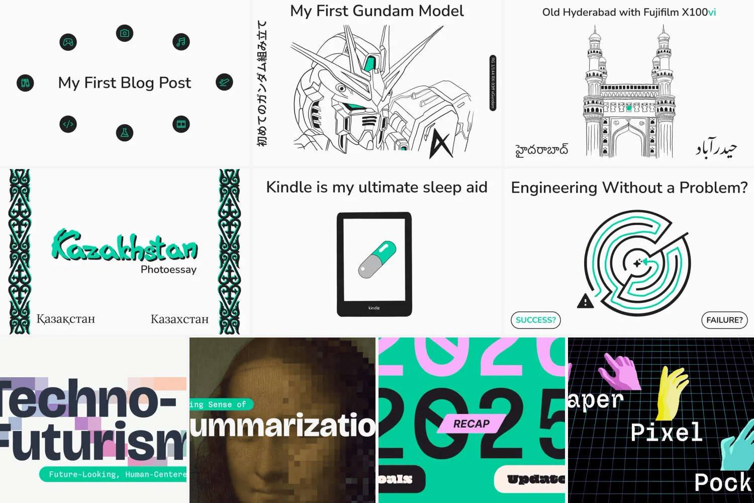 A grid of ten blog post covers, the earlier ones hand-illustrated and the recent ones built from typography and pixels