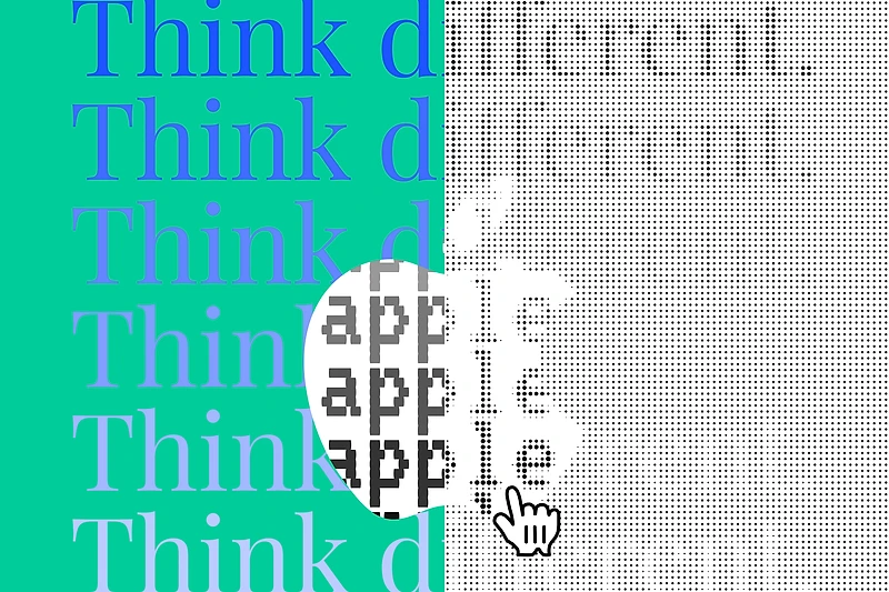 Think different repeated in blue serif type beside a halftone apple wordmark