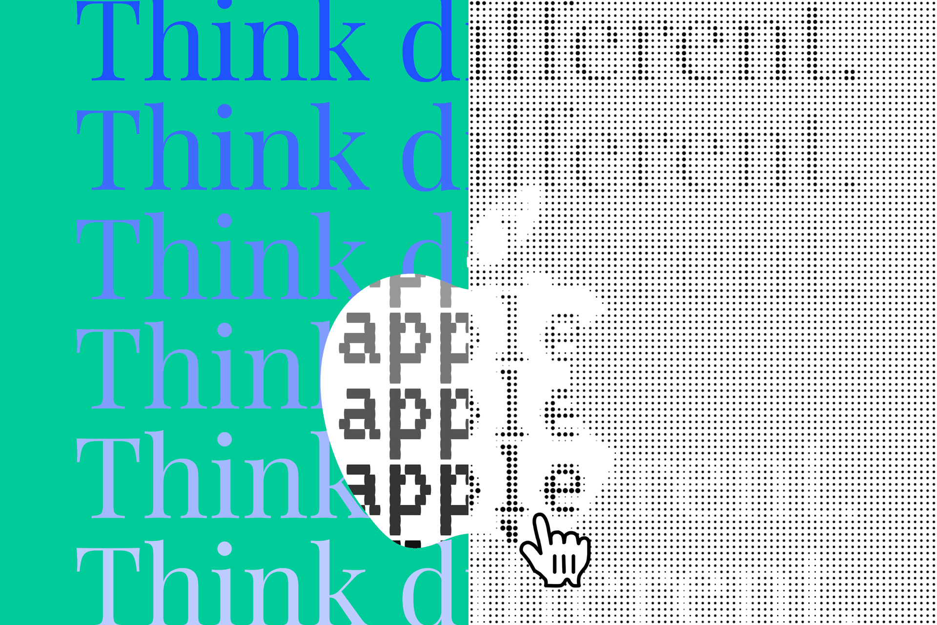 Think different repeated in blue serif type on green, meeting a halftone print of the word apple inside an Apple silhouette