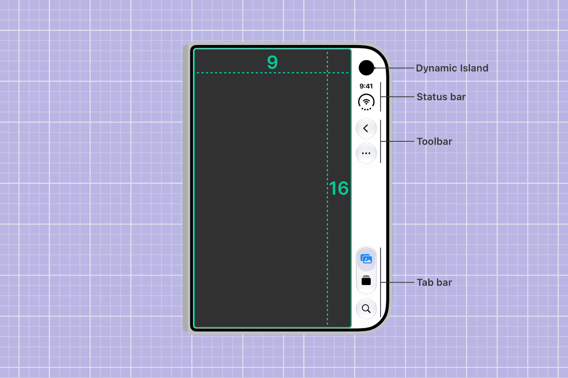 Diagram of the iPhone Duo inner display: a clean 16:9 screen area with the Dynamic Island, status bar, toolbar, and tab bar stacked in a curved rail down the right edge